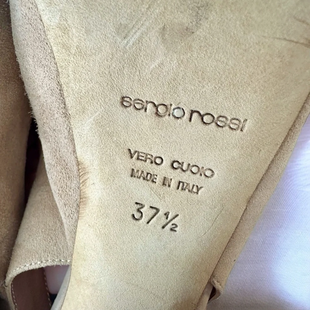 Sergio Rossi ‘Agathe’ Tan Suede & White Patent Peep Toe Slingback Heels Size 7.5